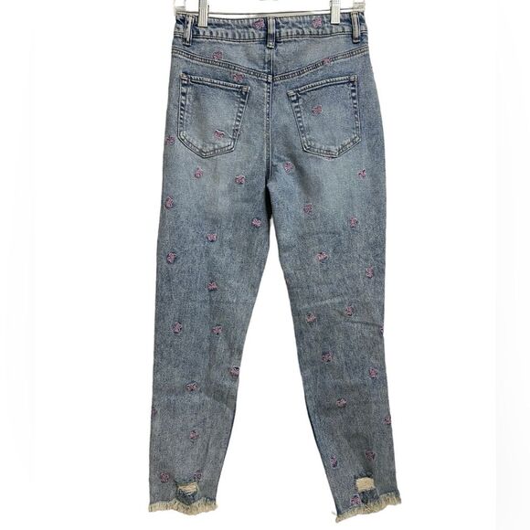 Tinseltown Butterfly Embroidered Mom Jeans Size 9 Frayed-Hem Destructed Y2K - Picture 11 of 16